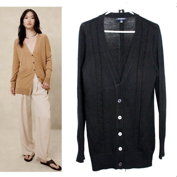 Banana Republic Factory Black‎ V-Neck Lightweight Cable Knit Midi Cardigan Sz L - Picture 1 of 10